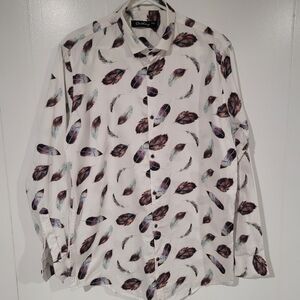 Women's White, Black, Purple, Blue Feather Print Button Down Shirt